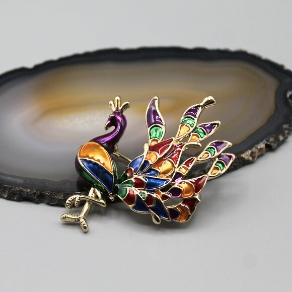 Peacock jewelry pin brooch elegant colorful yellow gold tone brand new beautiful - Picture 3 of 12